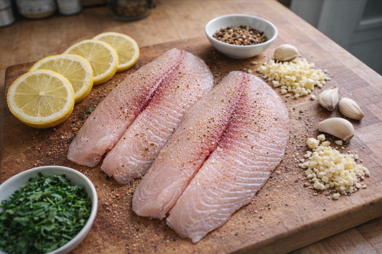 Close up overhead shot of raw tilapia filets on a cutting board, lemon slices, chopped parsley, garlic and spices surrounding them